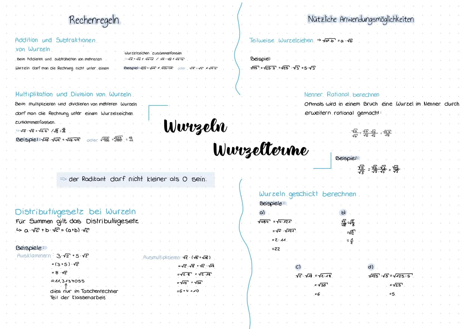 Rechenregeln
Addition und Subtraktionen.
von Wurzeln.
Beim Addieren und subtrahieren von mehreren
Wurzeln darf man die Rechnung nicht unter