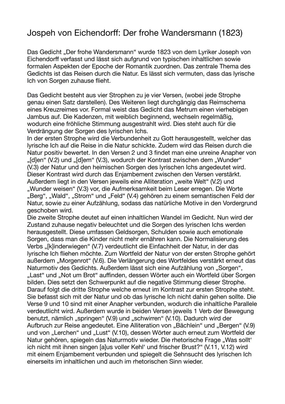 Jospeh von Eichendorff: Der frohe Wandersmann (1823)
Das Gedicht „Der frohe Wandersmann" wurde 1823 von dem Lyriker Joseph von
Eichendorff