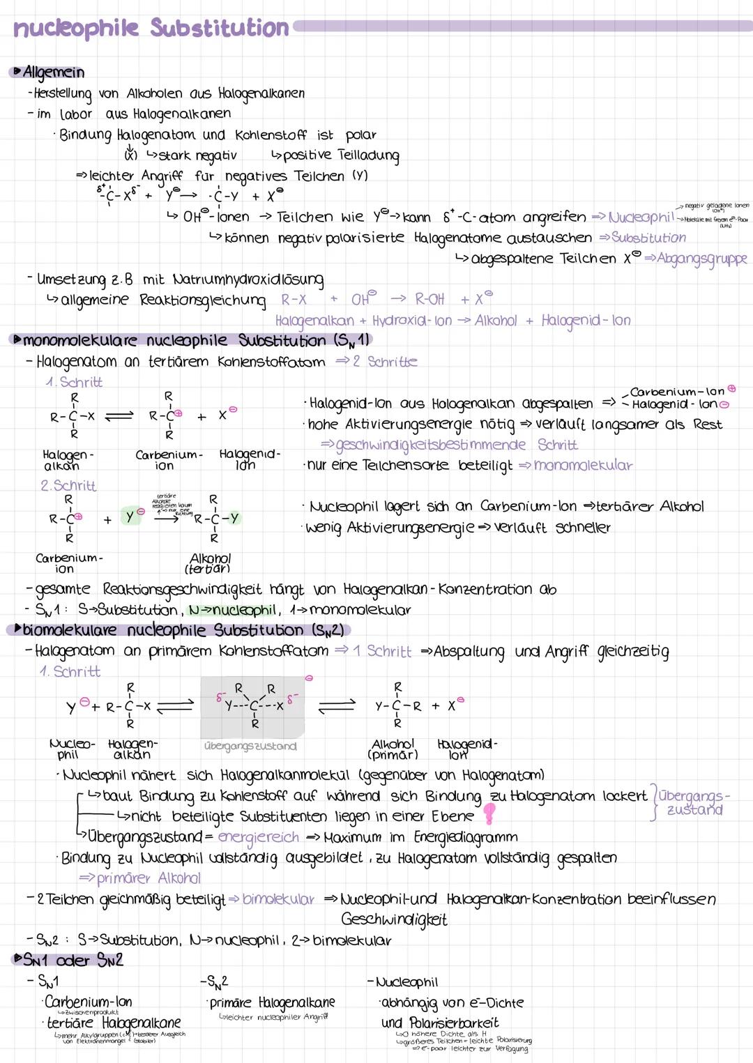 nucleophile Substitution
Allgemein
- Herstellung von Alkoholen aus Halogenalkanen
- im labor aus Halogenalkanen
• Bindung Halogenatom und Ko