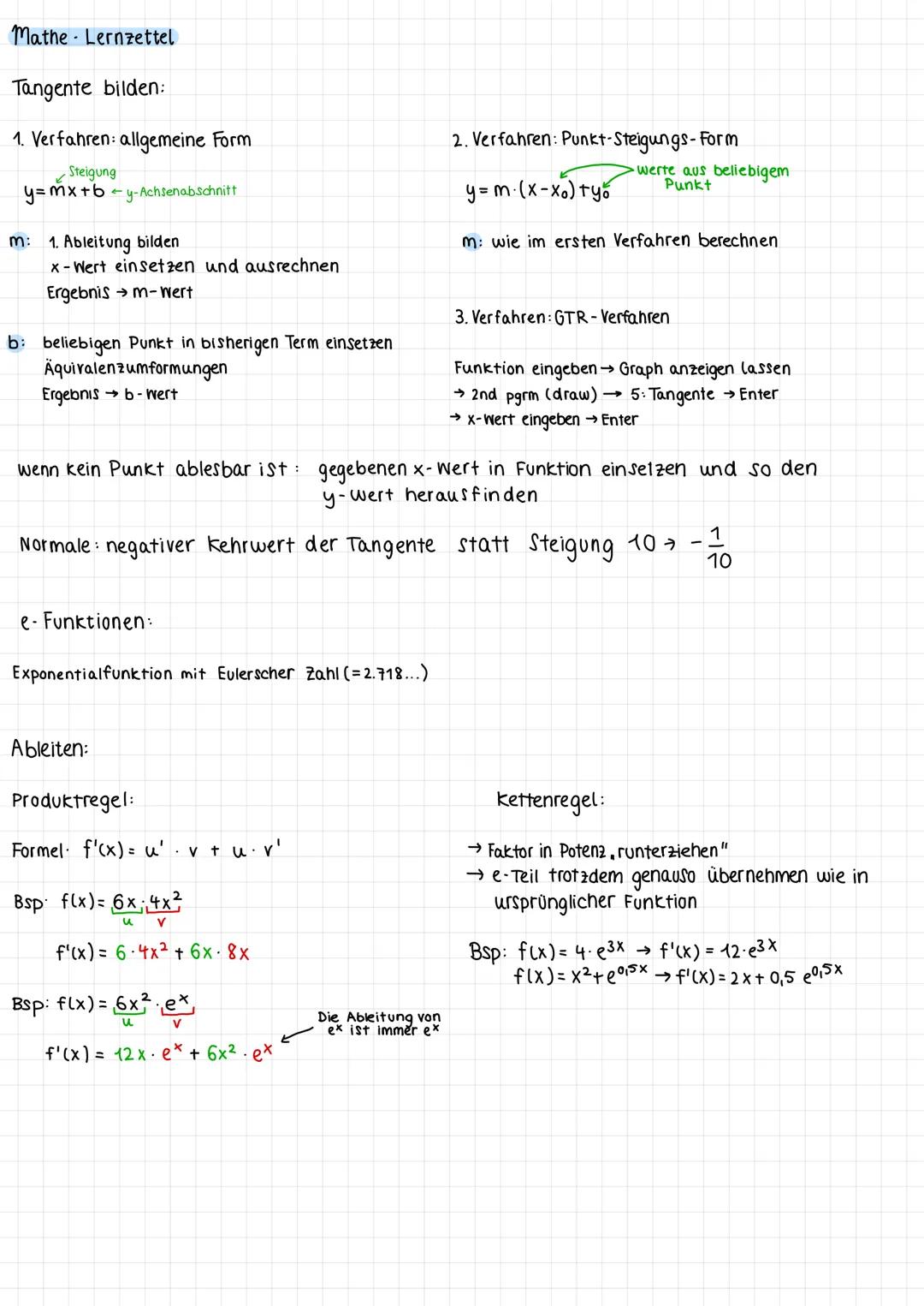 # Mathe Lernzettel
Tangente bilden:
1. Verfahren: allgemeine Form
Steigung
y=mx+by-Achsenabschnitt
M: 1. Ableitung bilden
x-Wert einsetze