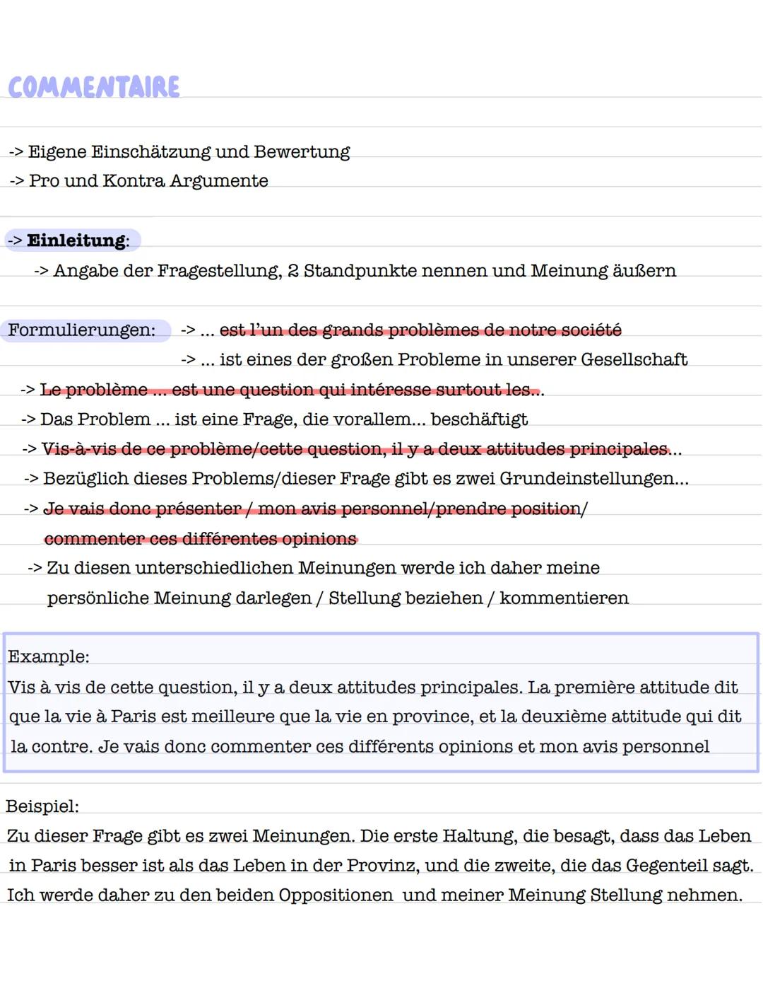 COMMENTAIRE
-> Eigene Einschätzung und Bewertung
-> Pro und Kontra Argumente
-> Einleitung:
-> Angabe der Fragestellung, 2 Standpunkte nenne