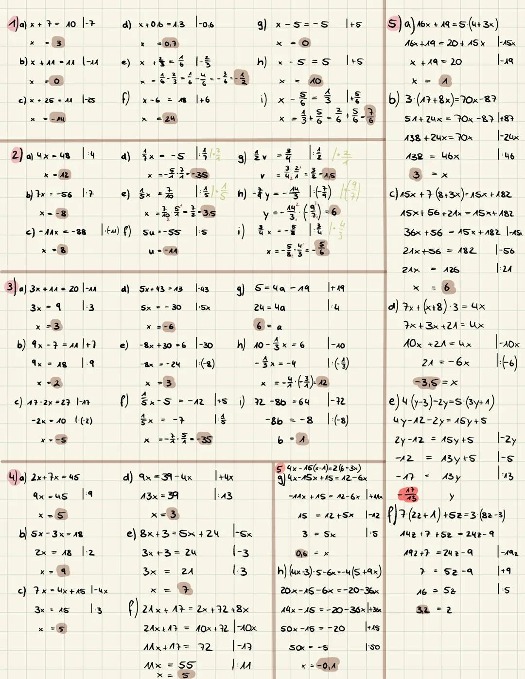 Lineare Gleichungen
1. Bestimme die Lösungsmenge.
(a) x + 7 = 10
(b) x + 11 = 11
(c) x + 25 = 11
2. Bestimme die Lösungsmenge
(a) 4x = 48
(b
