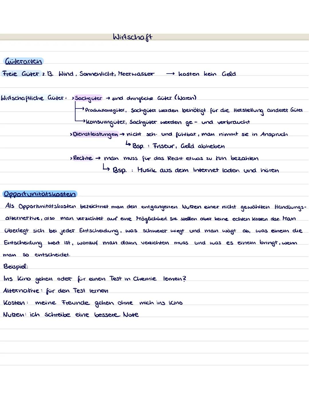 Wirtschaft
Güterarten
Freie Güter 2. B. Wind, Sonnenlicht, Meerwasser → kosten kein Geld
Wirtschaftliche Güter: >Sachguter → sind dringlic