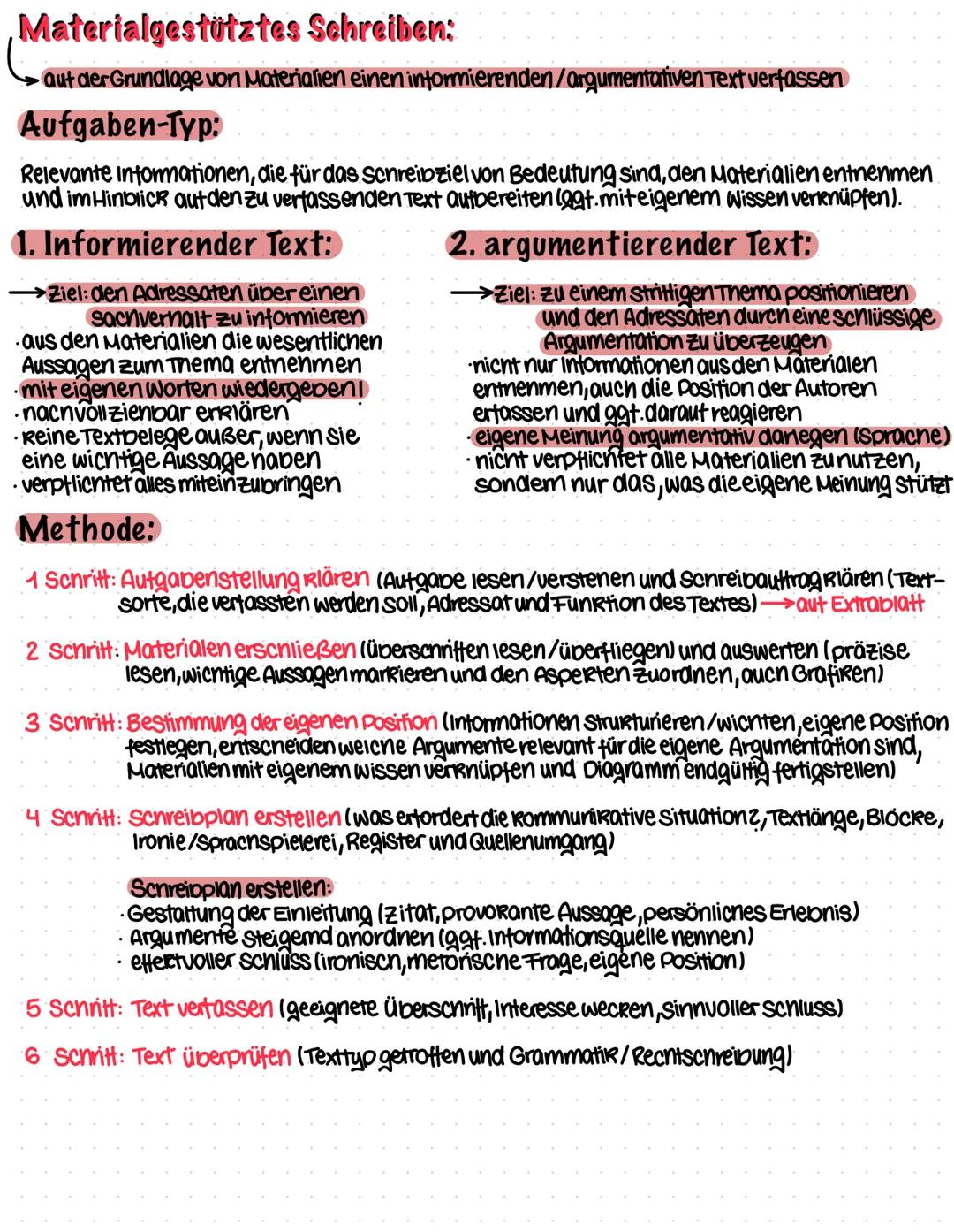Materialgestütztes Schreiben:
- auf der Grundlage von Materialien einen informierenden/argumentativen Text verfassen
Aufgaben-Typ:
Relevante