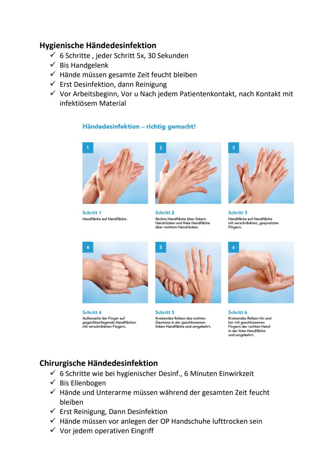 # Hygienische Händedesinfektion
✓ 6 Schritte, jeder Schritt 5x, 30 Sekunden
✓ Bis Handgelenk
✓ Hände müssen gesamte Zeit feucht bleiben
✓ Er