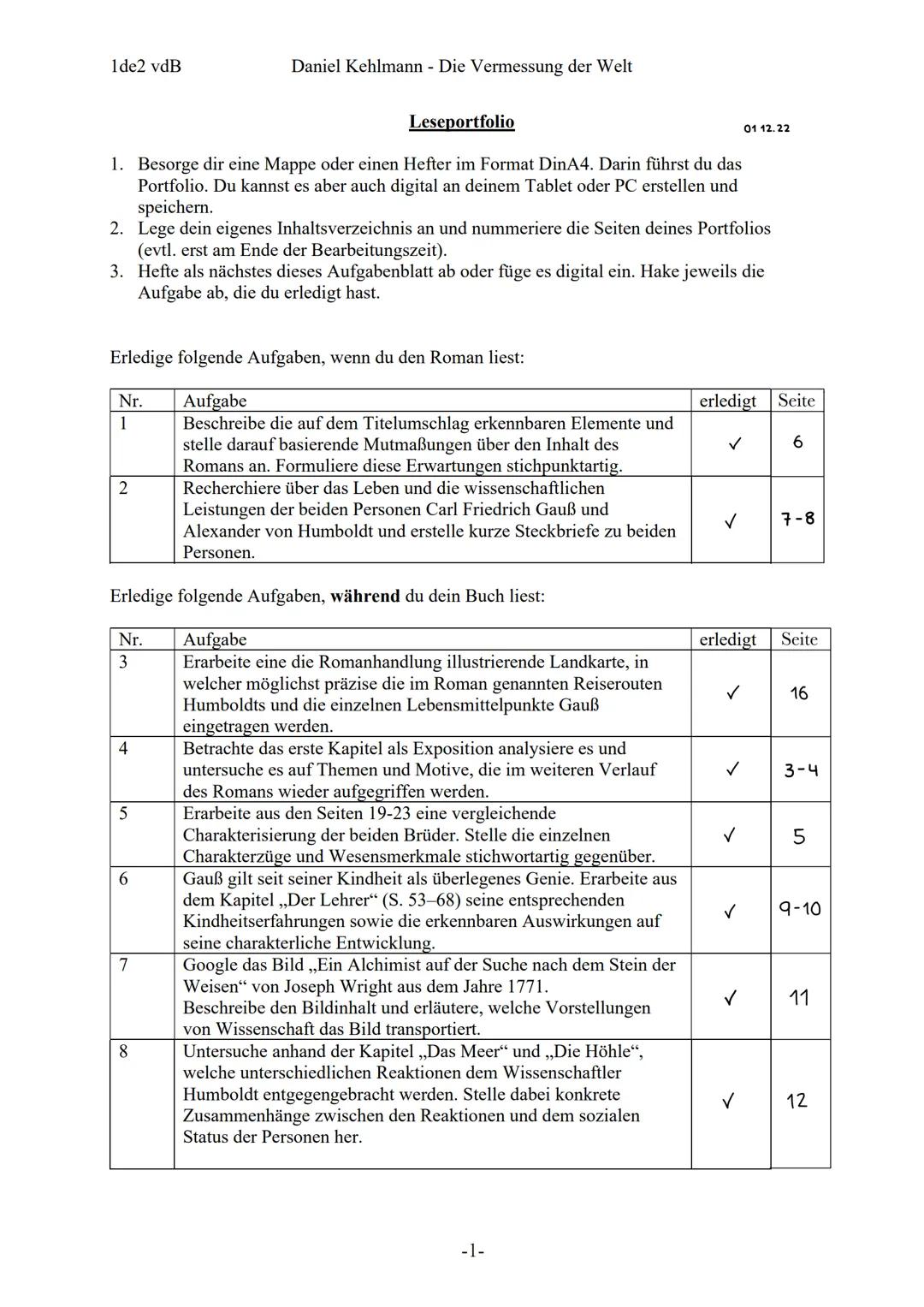 PORTFOLIO: DIE VERMESSUNG DER WELT 1de2 vdB
Leseportfolio
1. Besorge dir eine Mappe oder einen Hefter im Format DinA4. Darin führst du das
P