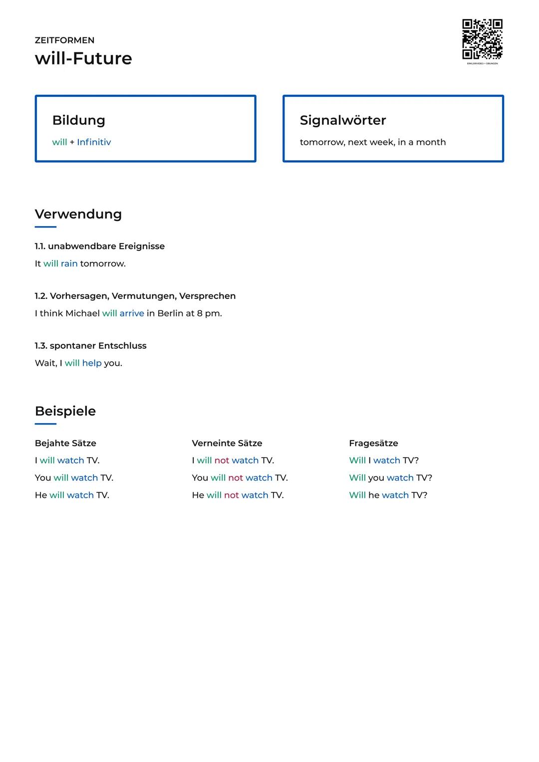 ZEITFORMEN
will-Future
Bildung
will + Infinitiv
Verwendung
1.1. unabwendbare Ereignisse
It will rain tomorrow.
1.2. Vorhersagen, Vermutungen
