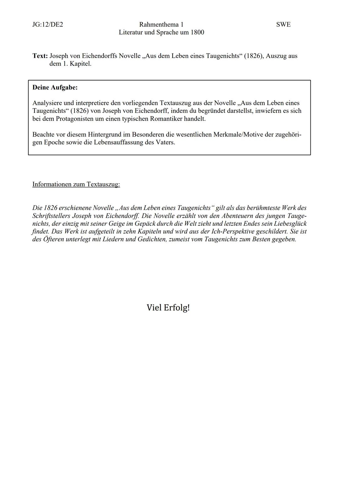 Analyse zum Auszug aus "Aus dem leben eines Taugenichts" von Joseph von Eichendorff