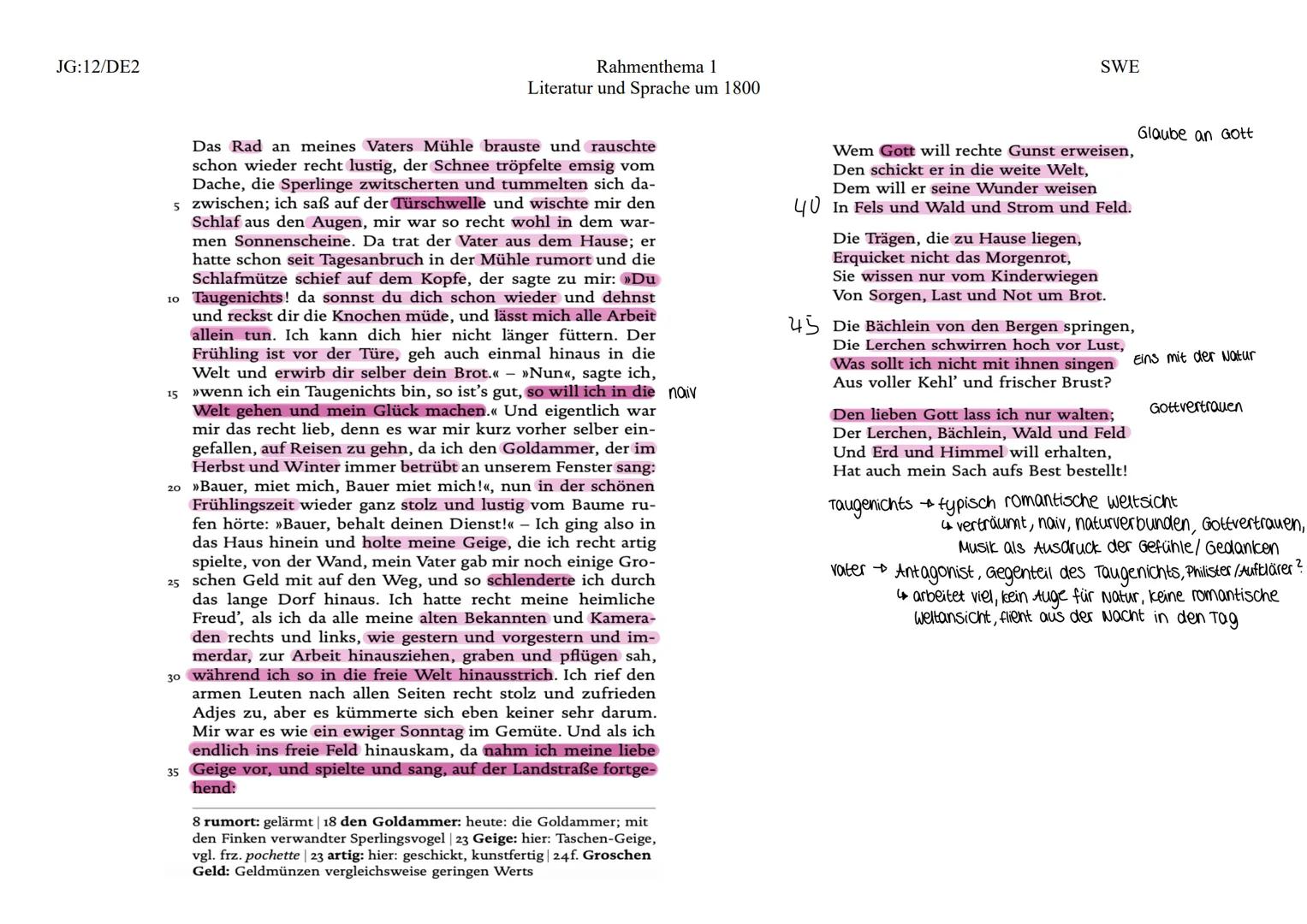 JG:12/DE2
Rahmenthema 1
Literatur und Sprache um 1800
SWE
Text: Joseph von Eichendorffs Novelle,,Aus dem Leben eines Taugenichts" (1826),
