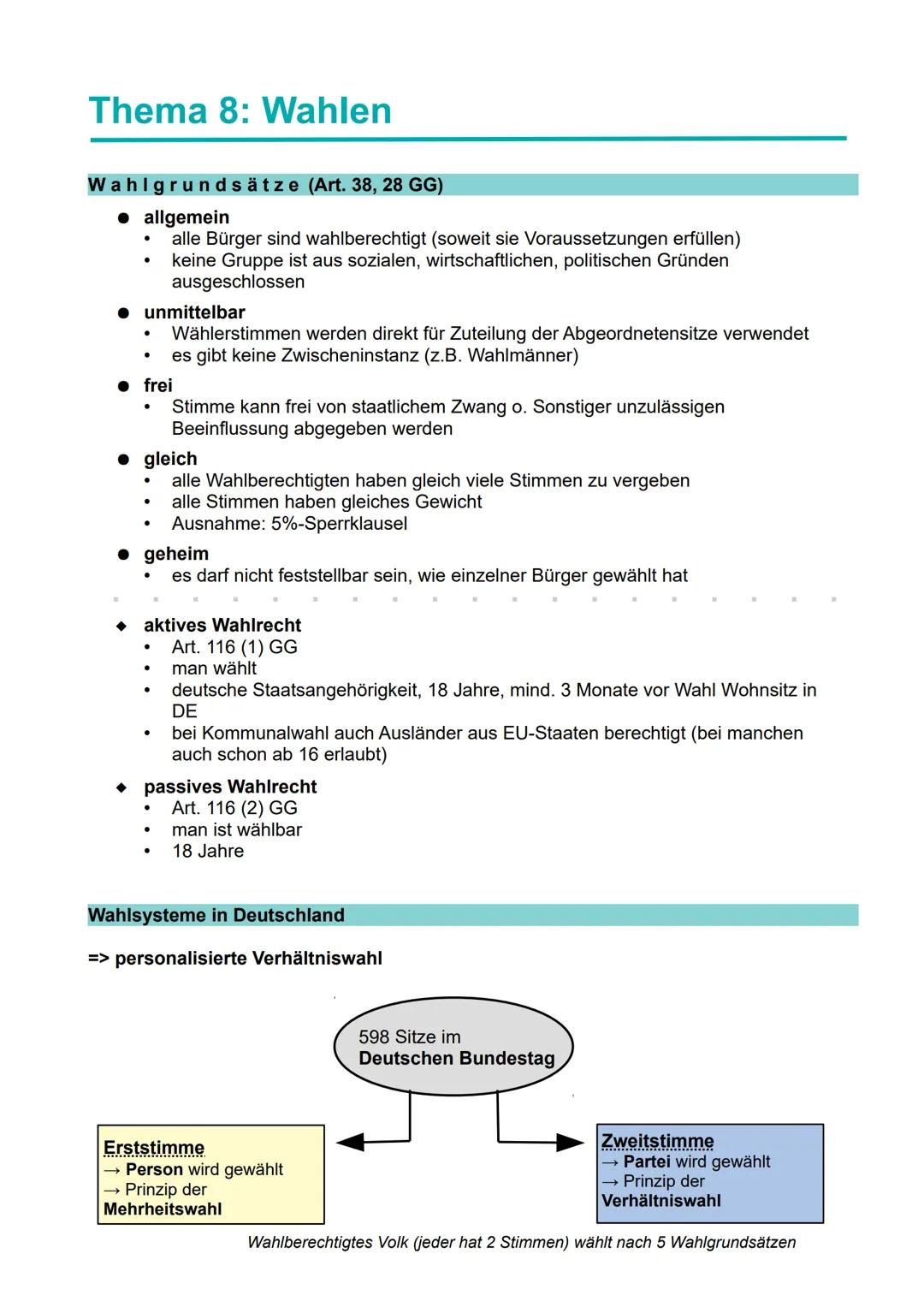 # Thema 8: Wahlen
# Wahlgrundsätze (Art. 38, 28 GG)
*   allgemein
    *   alle Bürger sind wahlberechtigt (soweit sie Voraussetzungen erfü