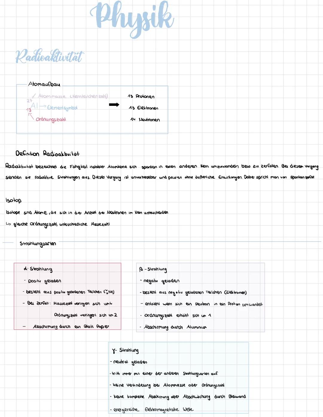 # Physik
Radioaktivität
Atomaulbay
7341 Element symbol
22 Atommassie chenleichen zahl)
Ordnungszahl
13 Protonen
13 Elektronen
14 Neu