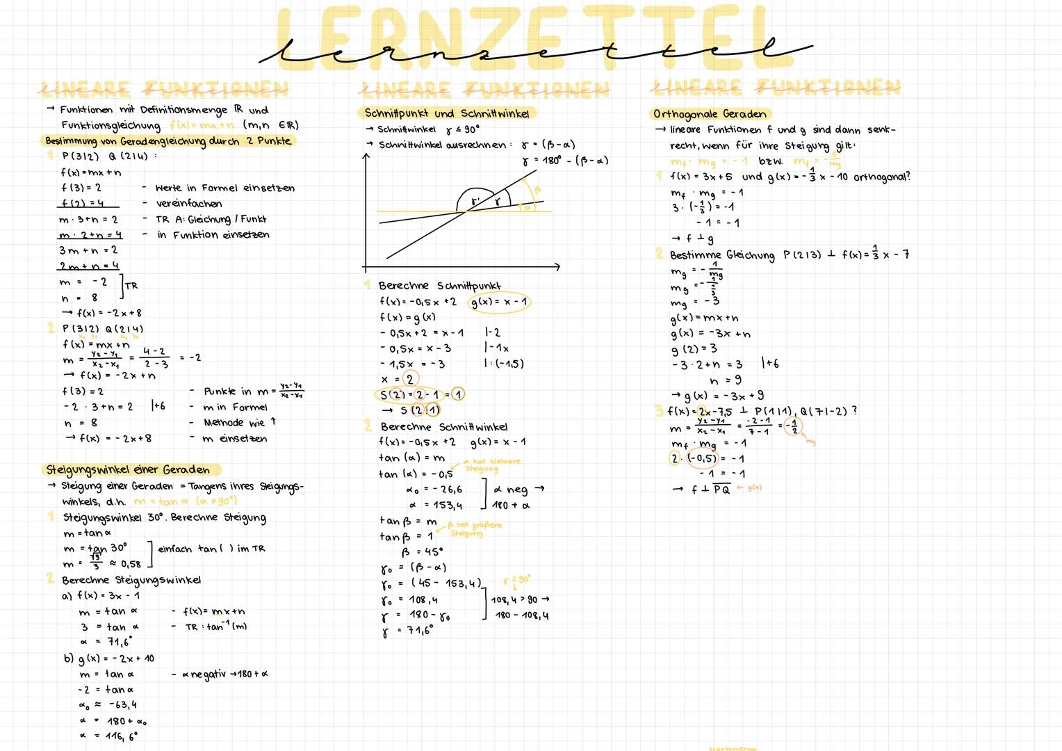 LINEARE FUNKTIONEN
→ Funktionen mit Definitionsmenge R und
Funktionsgleichung f(x) = mx +n (min ER)
Bestimmung von Geradengleichung durch 2