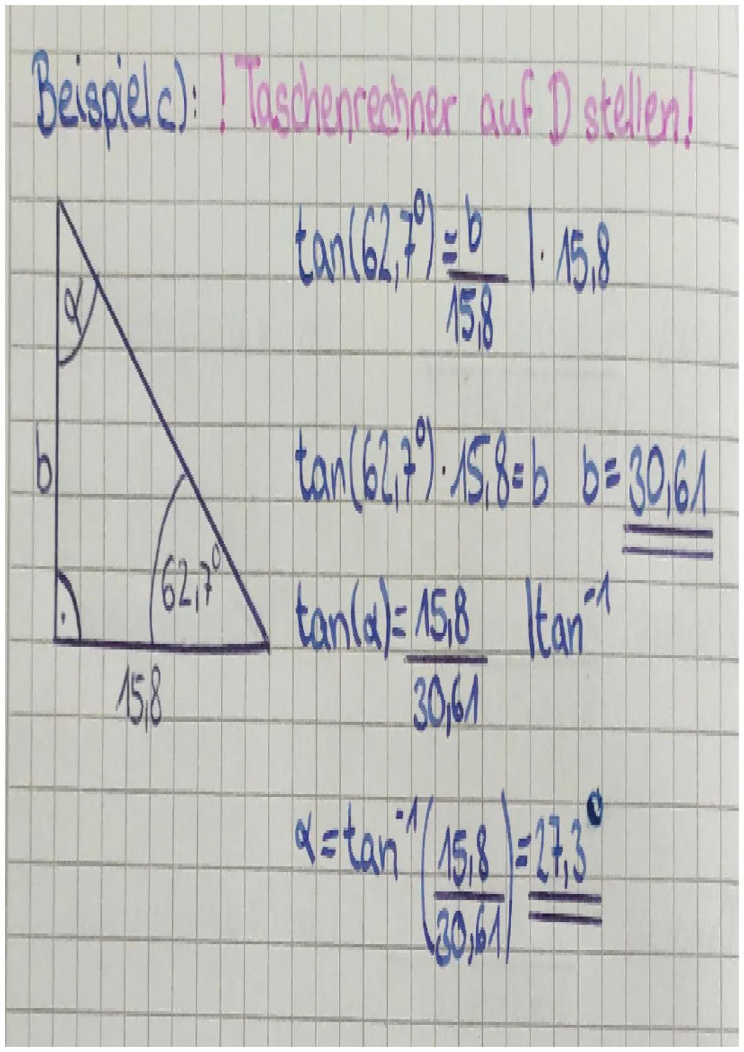 Sinus, Kosinus, Tangens
Sinus: Gegenkathete
Hyputenuse
I sin" = Arcussinus
Kosinus: Ankathete
Hyputenuse
cos-1 Arcuscosinus.
Tangens: Geg
