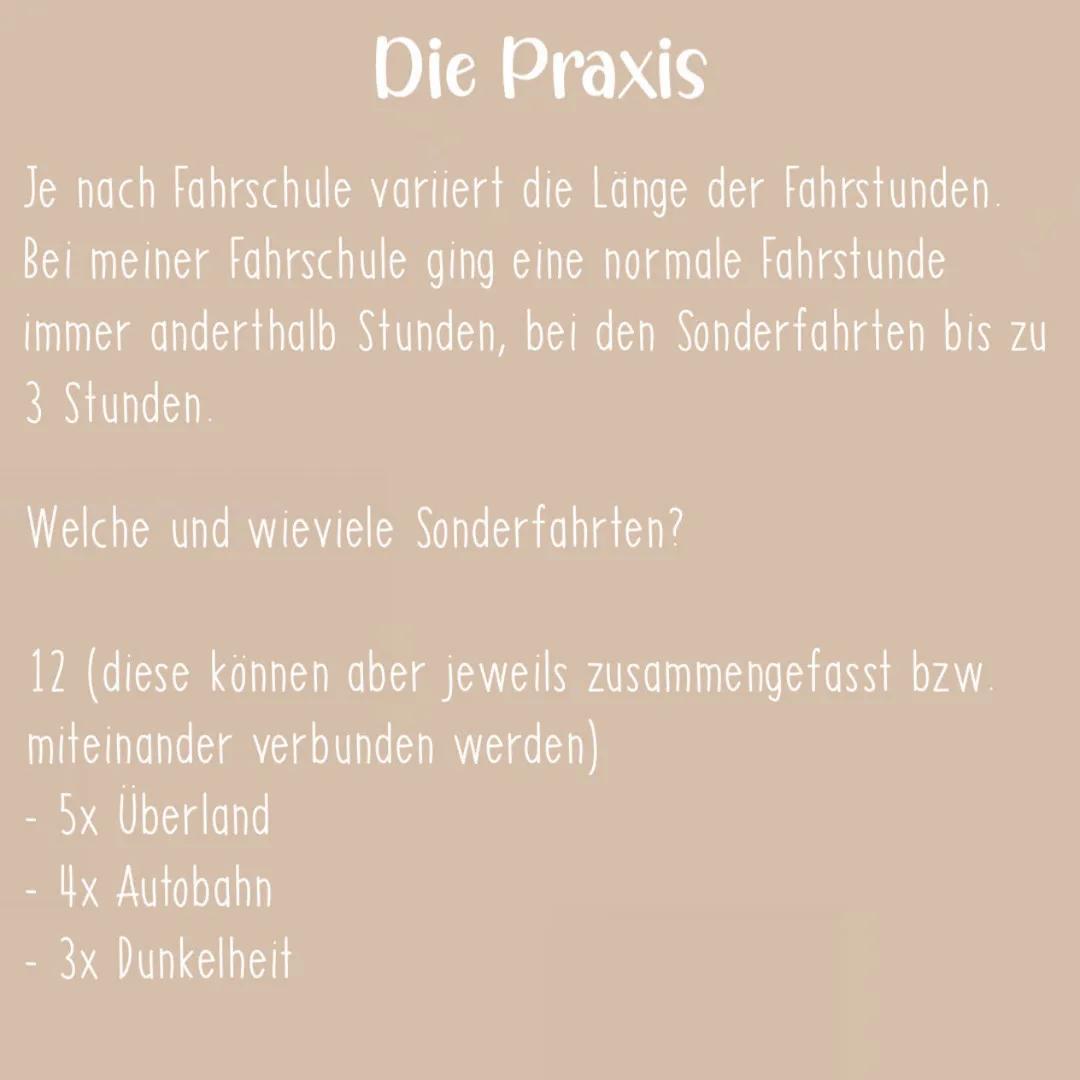 Führerschein
TEIL 2 Die Praxis
Je nach Fahrschule variiert die Länge der Fahrstunden.
Bei meiner Fahrschule ging eine normale Fahrstunde
imm