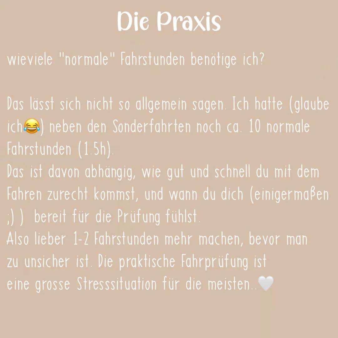 Führerschein
TEIL 2 Die Praxis
Je nach Fahrschule variiert die Länge der Fahrstunden.
Bei meiner Fahrschule ging eine normale Fahrstunde
imm