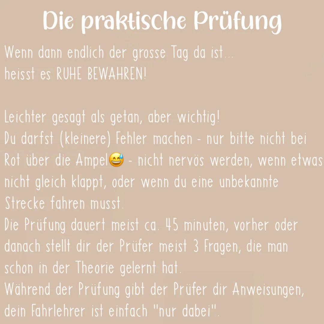Führerschein
TEIL 2 Die Praxis
Je nach Fahrschule variiert die Länge der Fahrstunden.
Bei meiner Fahrschule ging eine normale Fahrstunde
imm
