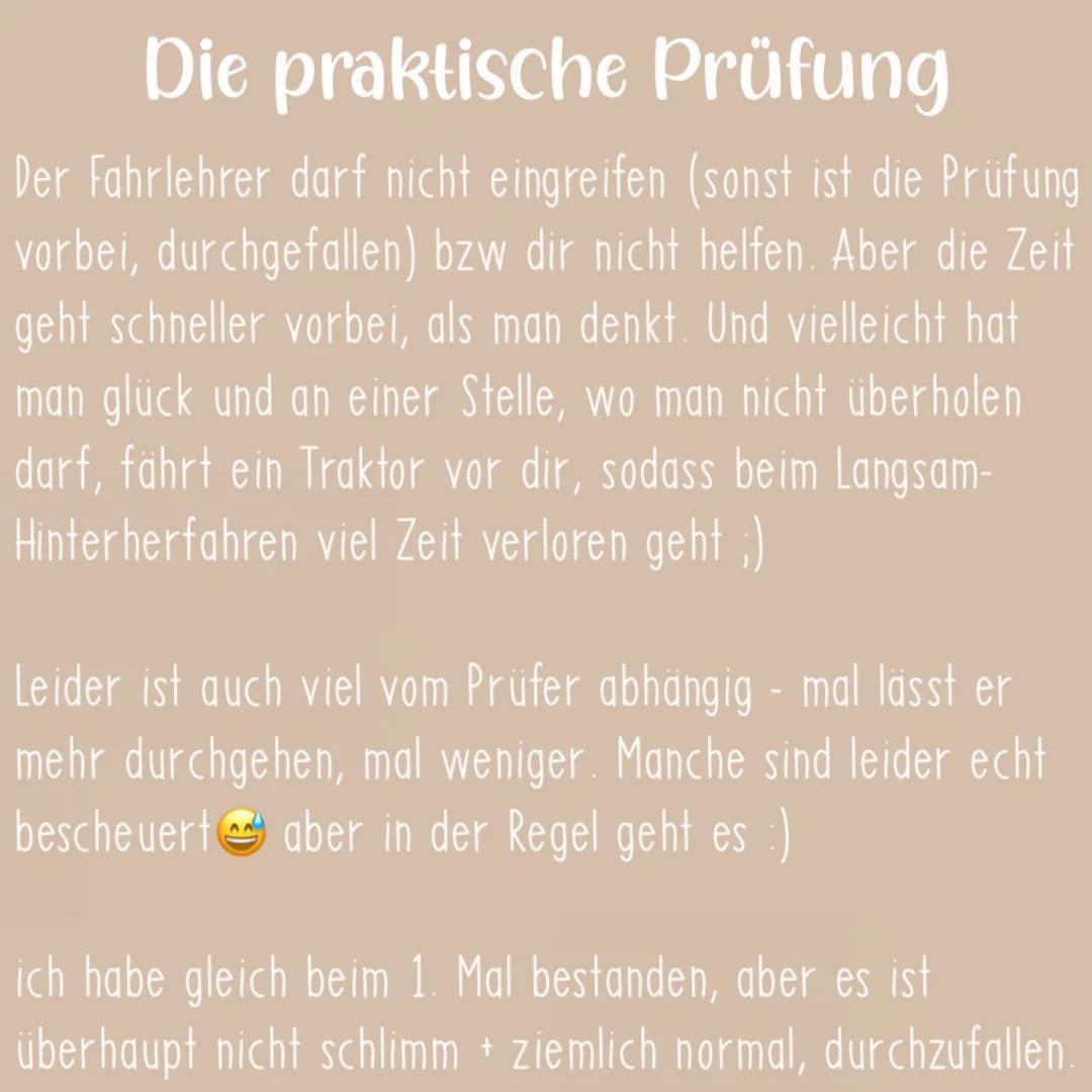 Führerschein
TEIL 2 Die Praxis
Je nach Fahrschule variiert die Länge der Fahrstunden.
Bei meiner Fahrschule ging eine normale Fahrstunde
imm