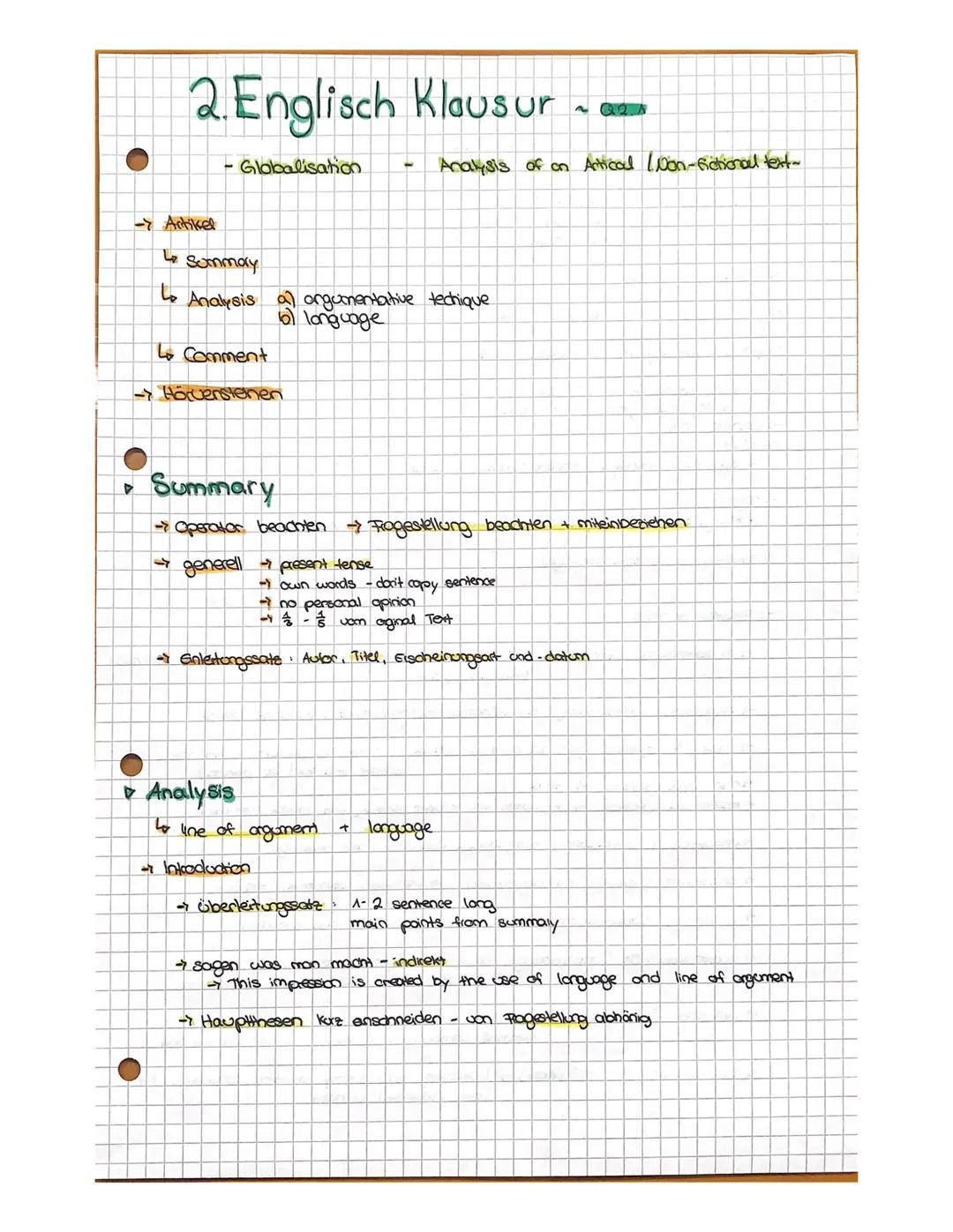 2. Englisch Klausur
- Globalisation
- Artikel
4₂ Summary
Lo Analysis a language
4 Comment
-> Hörvenstenen
Analysis
↳ line of
→ Introduction