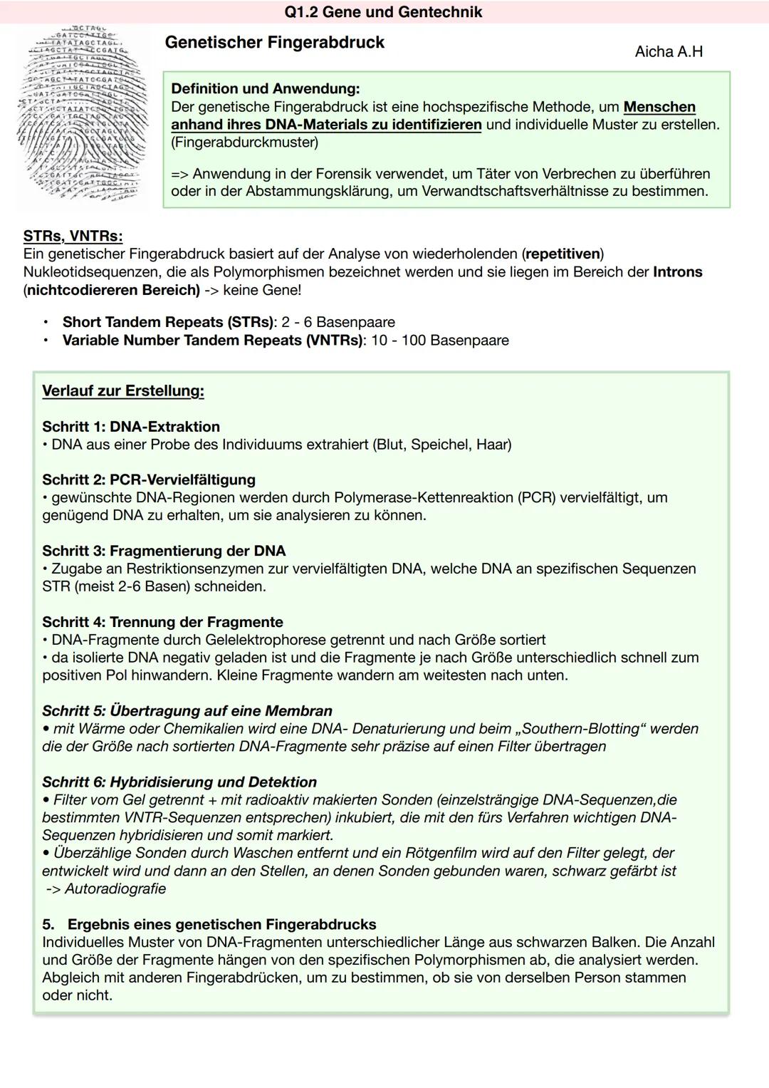 # Q1.2 Gene und Gentechnik
# Genetischer Fingerabdruck
Aicha A.H
**Definition und Anwendung:**
Der genetische Fingerabdruck ist eine hoch