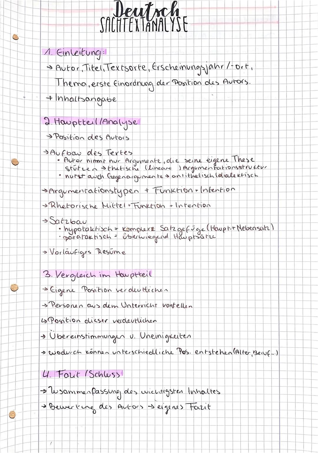 O
C
Deutsch
SACHTEXTANALYSE
1. Einleitung:
→ Autor, Titel, Textsorte, Erscheinungsjahr/fort.
Thema, erste Einordnung der Position des Autors
