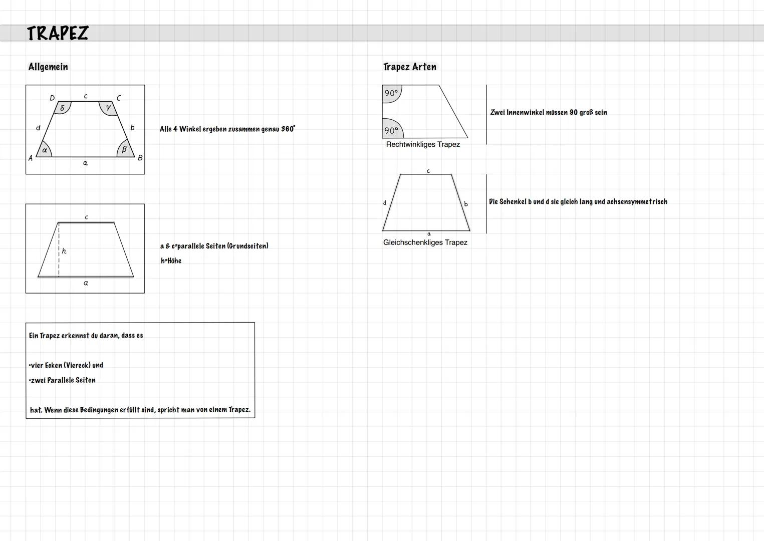 # TRAPEZ
Allgemein
D
C
C
$\delta$
d
b
Alle 4 Winkel ergeben zusammen genau 360°
$\alpha$
$\beta$
A
B
a
h
C
a & c-parallele Seiten (Grunds