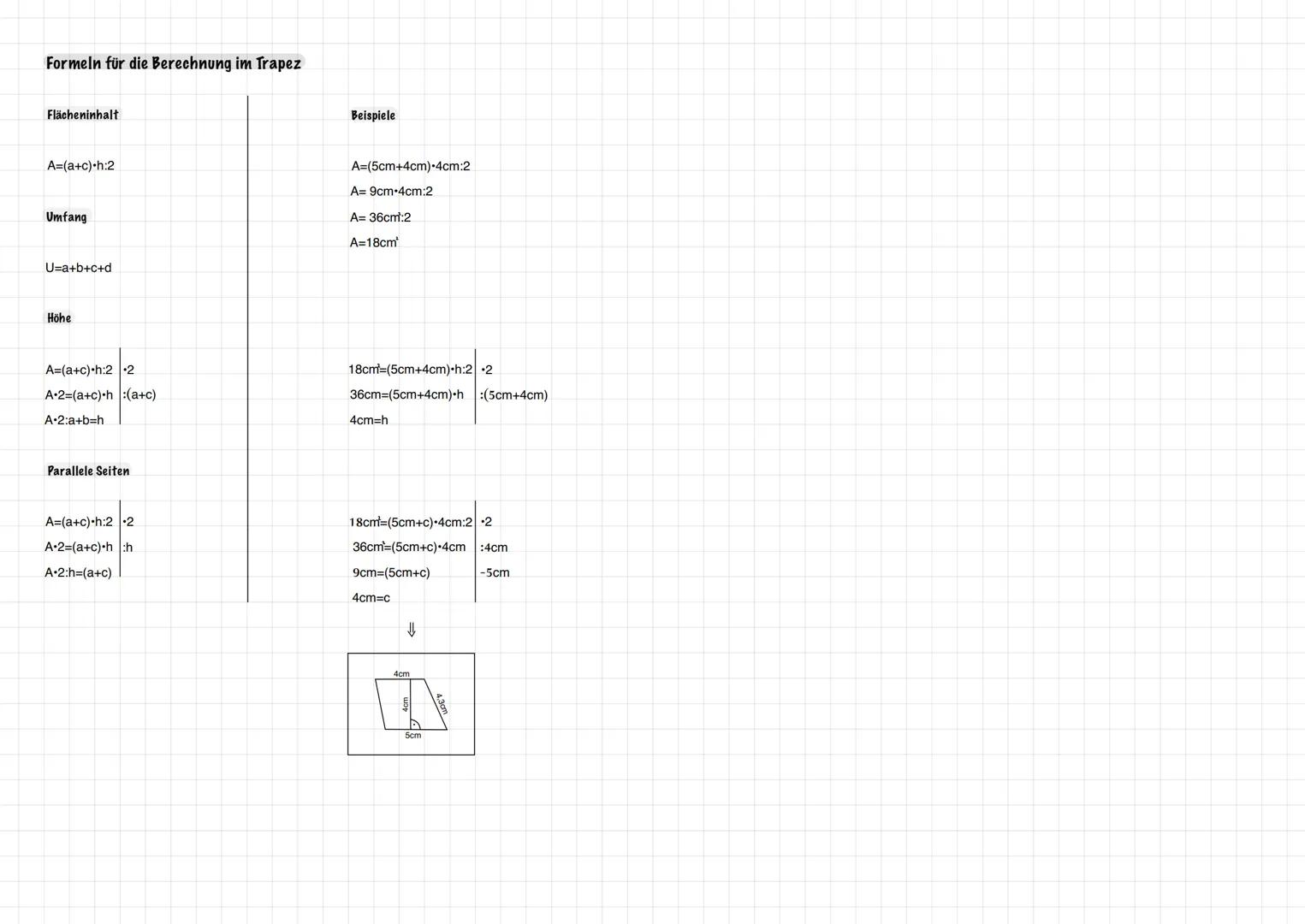 # TRAPEZ
Allgemein
D
C
C
$\delta$
d
b
Alle 4 Winkel ergeben zusammen genau 360°
$\alpha$
$\beta$
A
B
a
h
C
a & c-parallele Seiten (Grunds