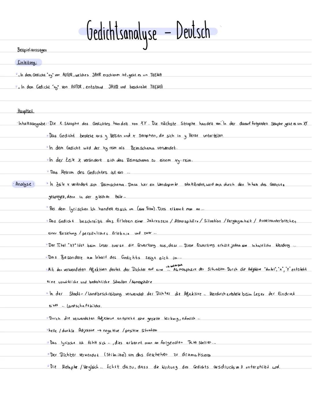 Gedichtsanalyse - Deutsch
1. Einleitung
• Einleitungssatz (Verfasser, Titel, Textsorte, Erscheinungsjahr, allgemein Thema. 2.B. Träume, Lieb