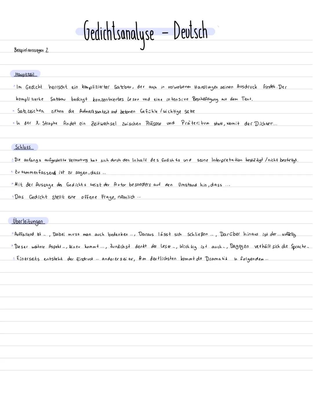 Gedichtsanalyse - Deutsch
1. Einleitung
• Einleitungssatz (Verfasser, Titel, Textsorte, Erscheinungsjahr, allgemein Thema. 2.B. Träume, Lieb