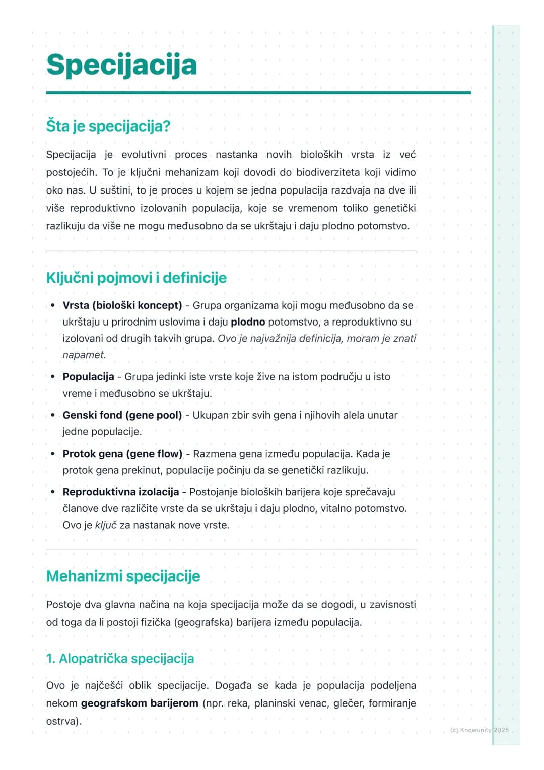 # Specijacija
## Šta je specijacija?
Specijacija je evolutivni proces nastanka novih bioloških vrsta iz već
postojećih. To je ključni meha