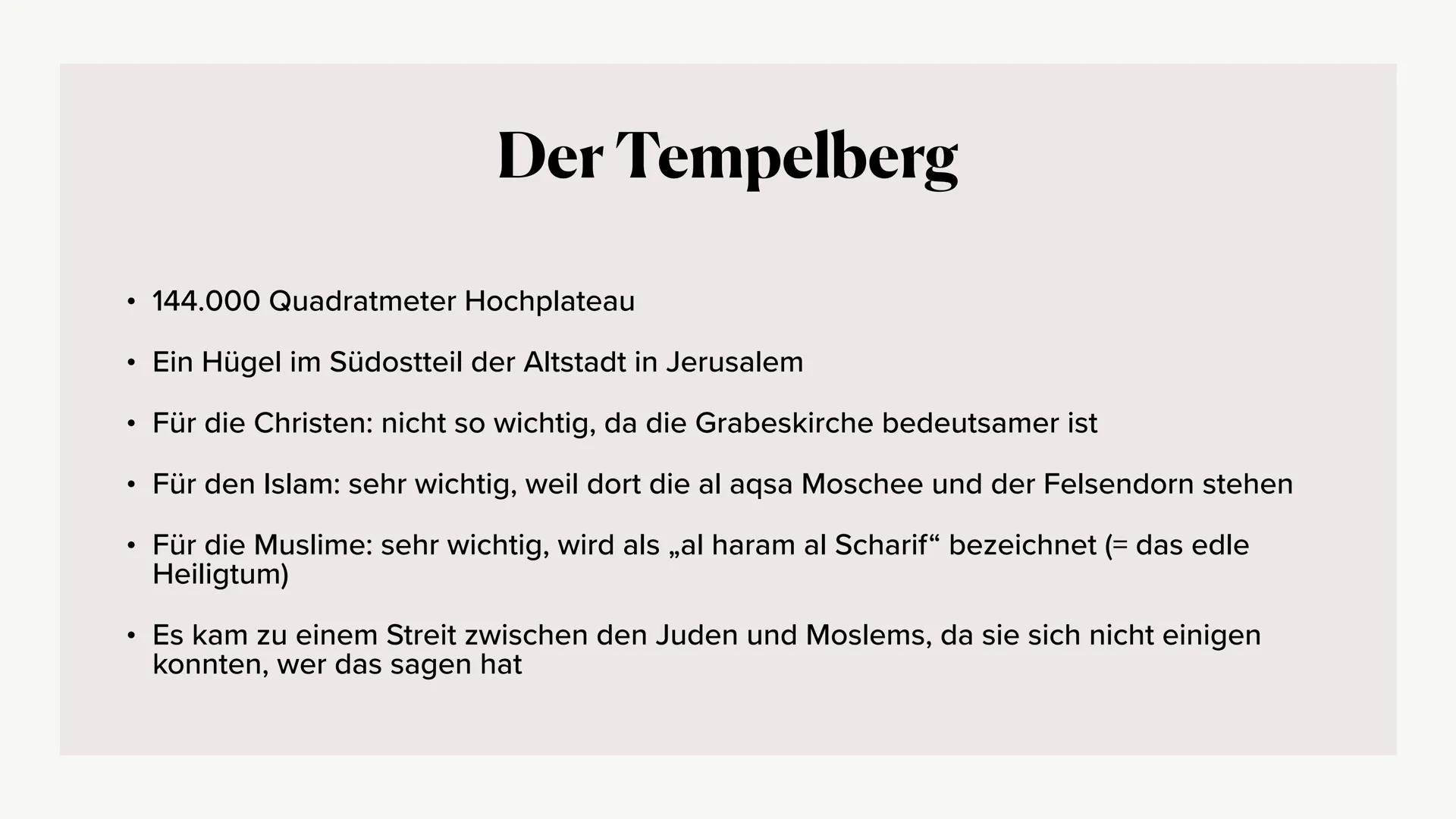Jerusalem heute
Amina, Fiona, Luisa, Nele ●
●
●
●
Generelle Informationen
Die Rolle im Judentum und Islam
Der Tempelberg
• Die Klagemauer
Ch