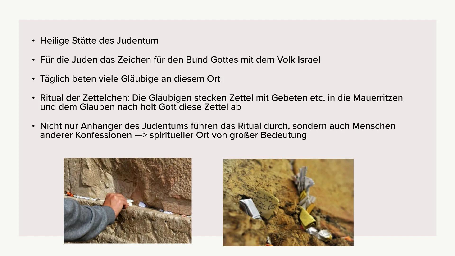 Jerusalem heute
Amina, Fiona, Luisa, Nele ●
●
●
●
Generelle Informationen
Die Rolle im Judentum und Islam
Der Tempelberg
• Die Klagemauer
Ch