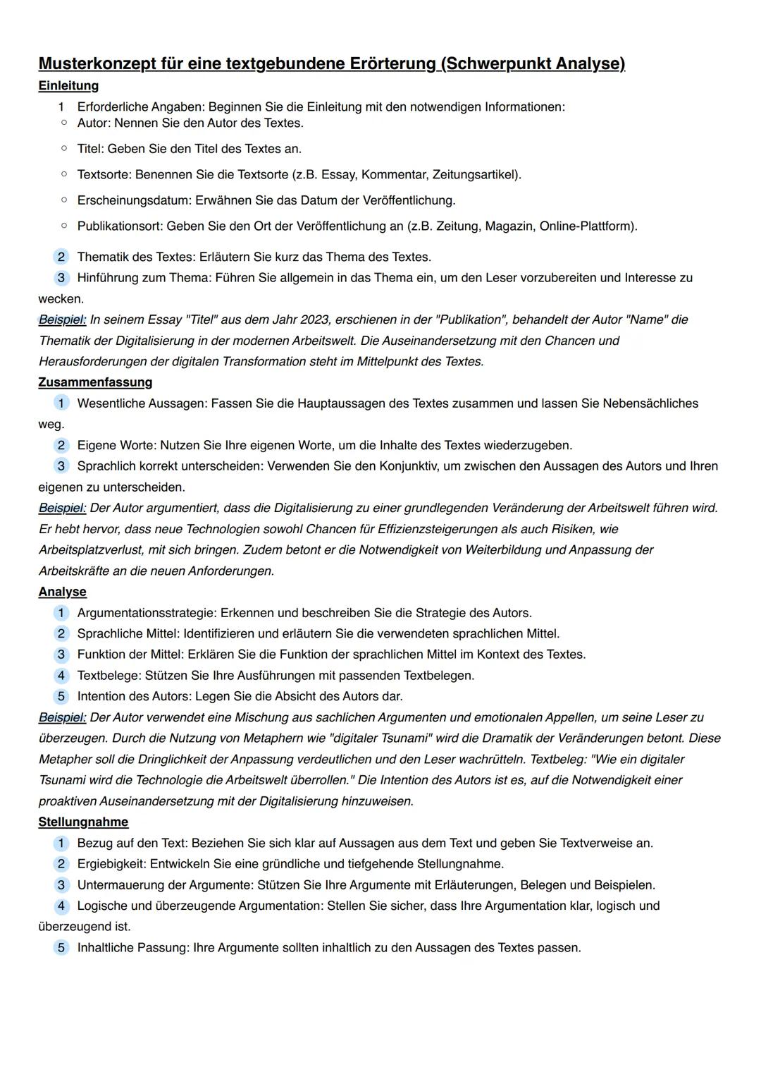 Musterkonzept für eine textgebundene Erörterung (Schwerpunkt Analyse).
Einleitung
1
Erforderliche Angaben: Beginnen Sie die Einleitung mit d