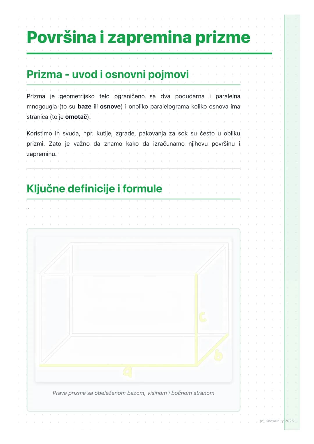 # Površina i zapremina prizme
## Prizma - uvod i osnovni pojmovi
Prizma je geometrijsko telo ograničeno sa dva podudarna i paralelna
mnogo
