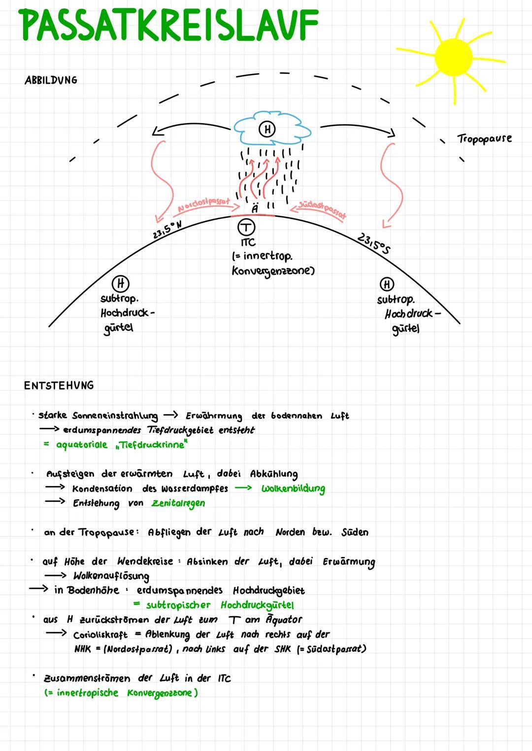 PASSATKREISLAVF
ABBILDUNG
ENTSTEHUNG
/
H
subtrop.
Hochdruck-
gürtel
Norclostpassat
23,5°N
=
H
starke Sonneneinstrahlung Erwährmung der boden