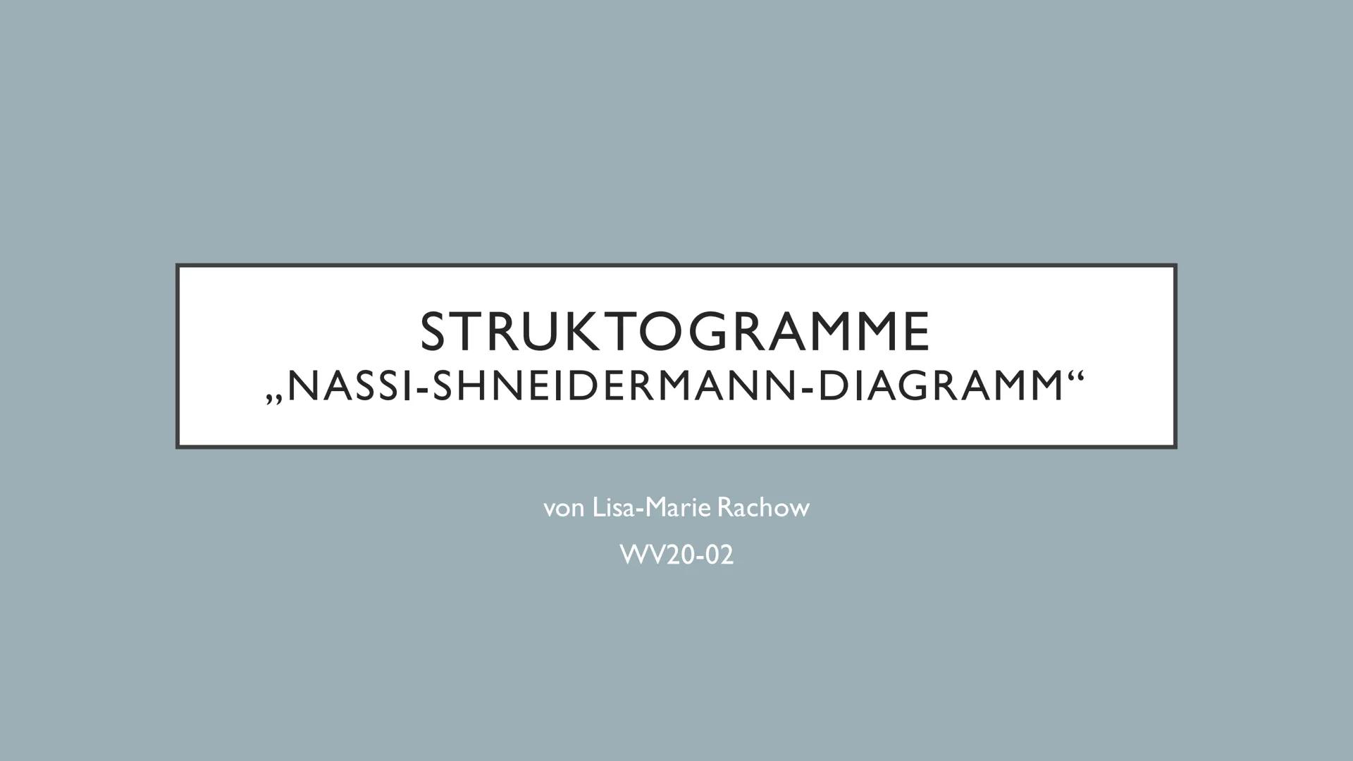 STRUKTOGRAMME
,,NASSI-SHNEIDERMANN-DIAGRAMM“
von Lisa-Marie Rachow
WV20-02 GLIEDERUNG
●
●
●
Allgemein
Vor- und Nachteile
Konstruktion (nach