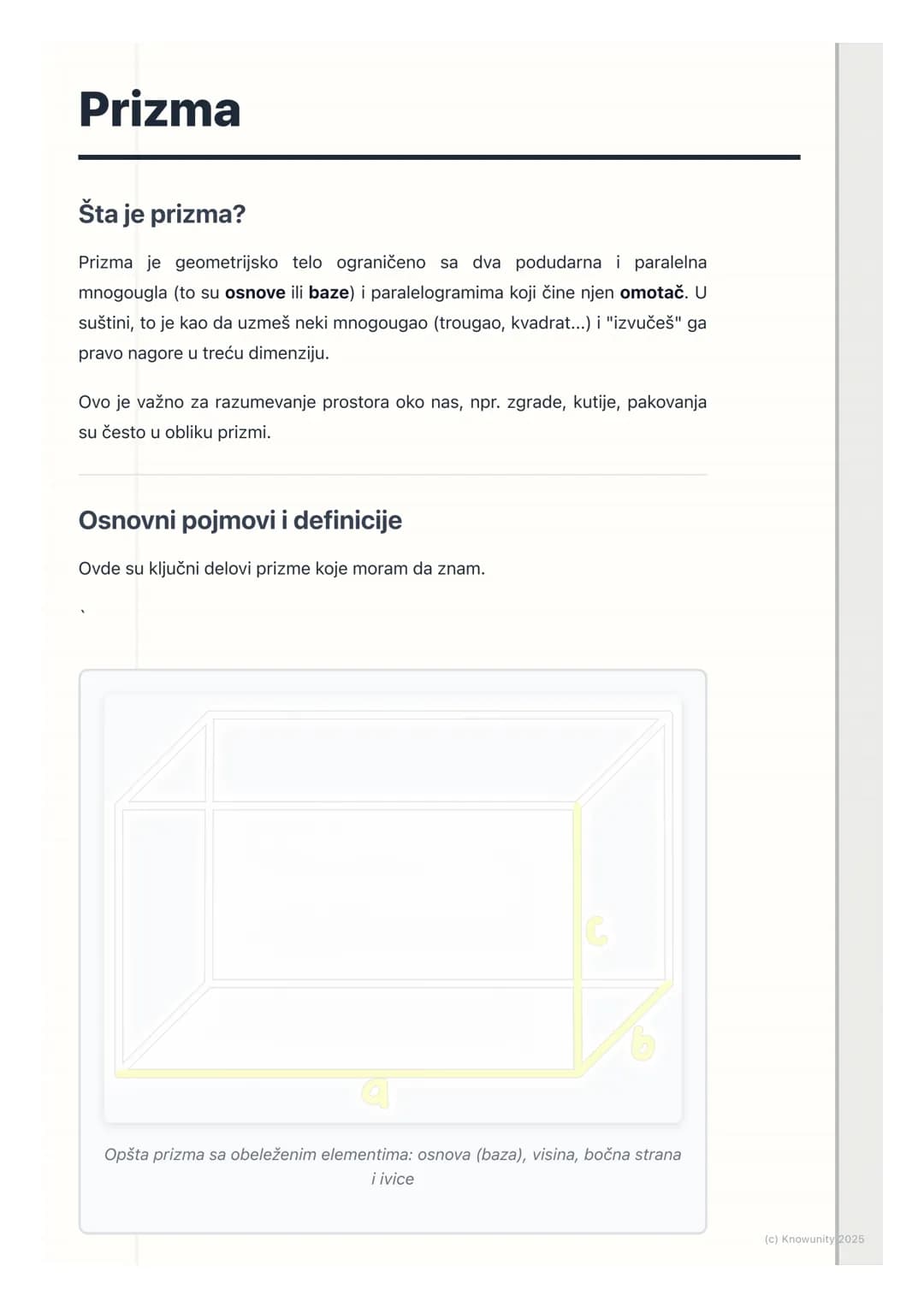 # Prizma
Šta je prizma?
Prizma je geometrijsko telo ograničeno sa dva podudarna i paralelna
mnogougla (to su osnove ili baze) i paralelogr