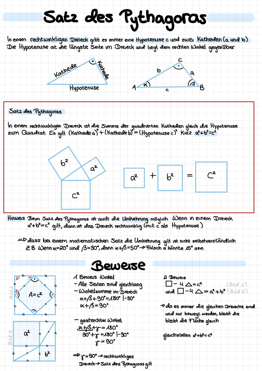 Satz des Pythagoras
In einem rechtwinkligen Dreieck gibt. es immer eine Hypotenuse c und zwei Katheden (a und b)
Die Hypotenuse ist die lang