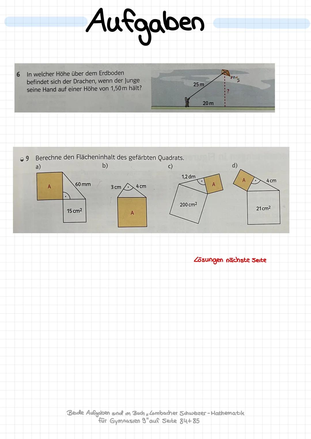Satz des Pythagoras
In einem rechtwinkligen Dreieck gibt. es immer eine Hypotenuse c und zwei Katheden (a und b)
Die Hypotenuse ist die lang