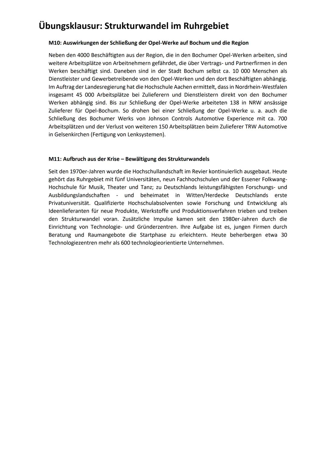 # Übungsklausur: Strukturwandel im Ruhrgebiet
Aufgabenstellung:
1. Lokalisieren Sie das Ruhrgebiet und beschreiben Sie, ausgehend von der