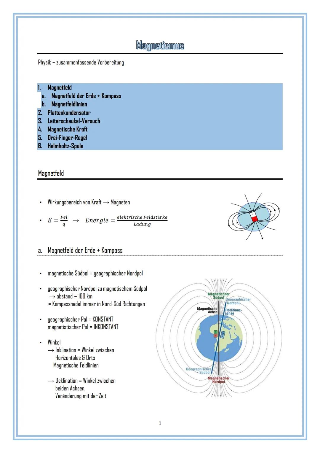 # Magnetismus
Physik - zusammenfassende Vorbereitung
1. Magnetfeld
a. Magnetfeld der Erde + Kompass
b. Magnetfeldlinien
2. Plattenkondensa