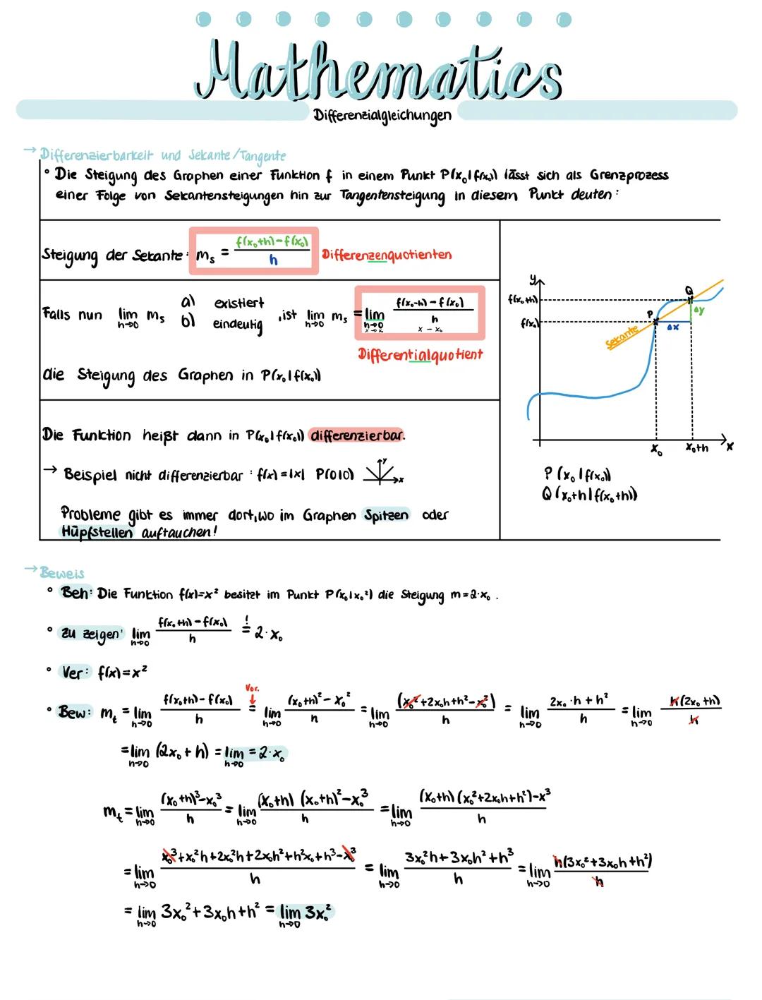 # Mathematics
Differenzierbarkeit und Sekante/Tangente
Differenzialgleichungen
- Die Steigung des Graphen einer Funktion f in einem Punkt $P