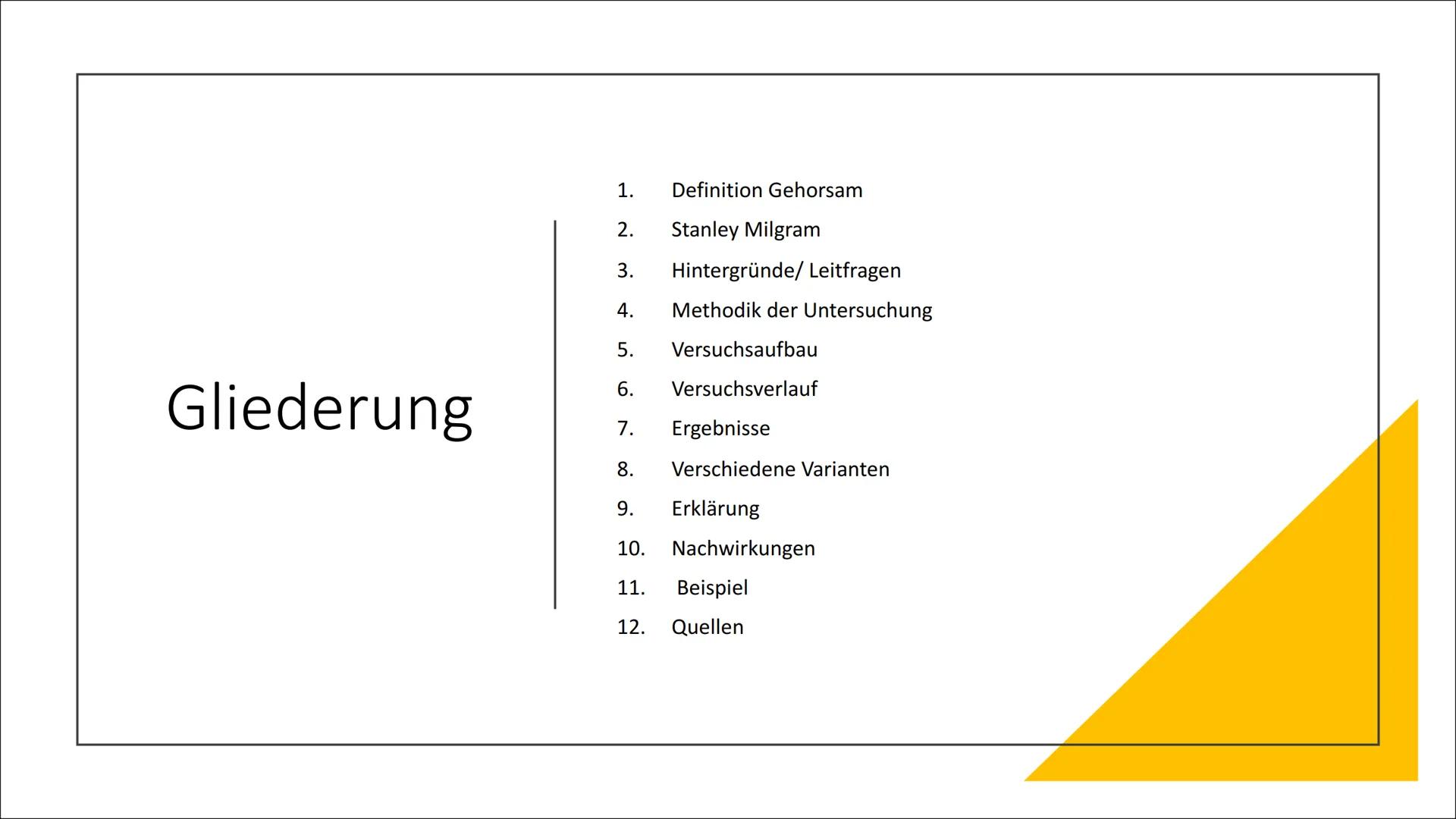 Das Milgram-
Experiment
Von Niloufar H.
ap Gliederung
Definition Gehorsam
Stanley Milgram
1.
2.
3.
4.
5.
Versuchsaufbau
6. Versuchsverlauf
7