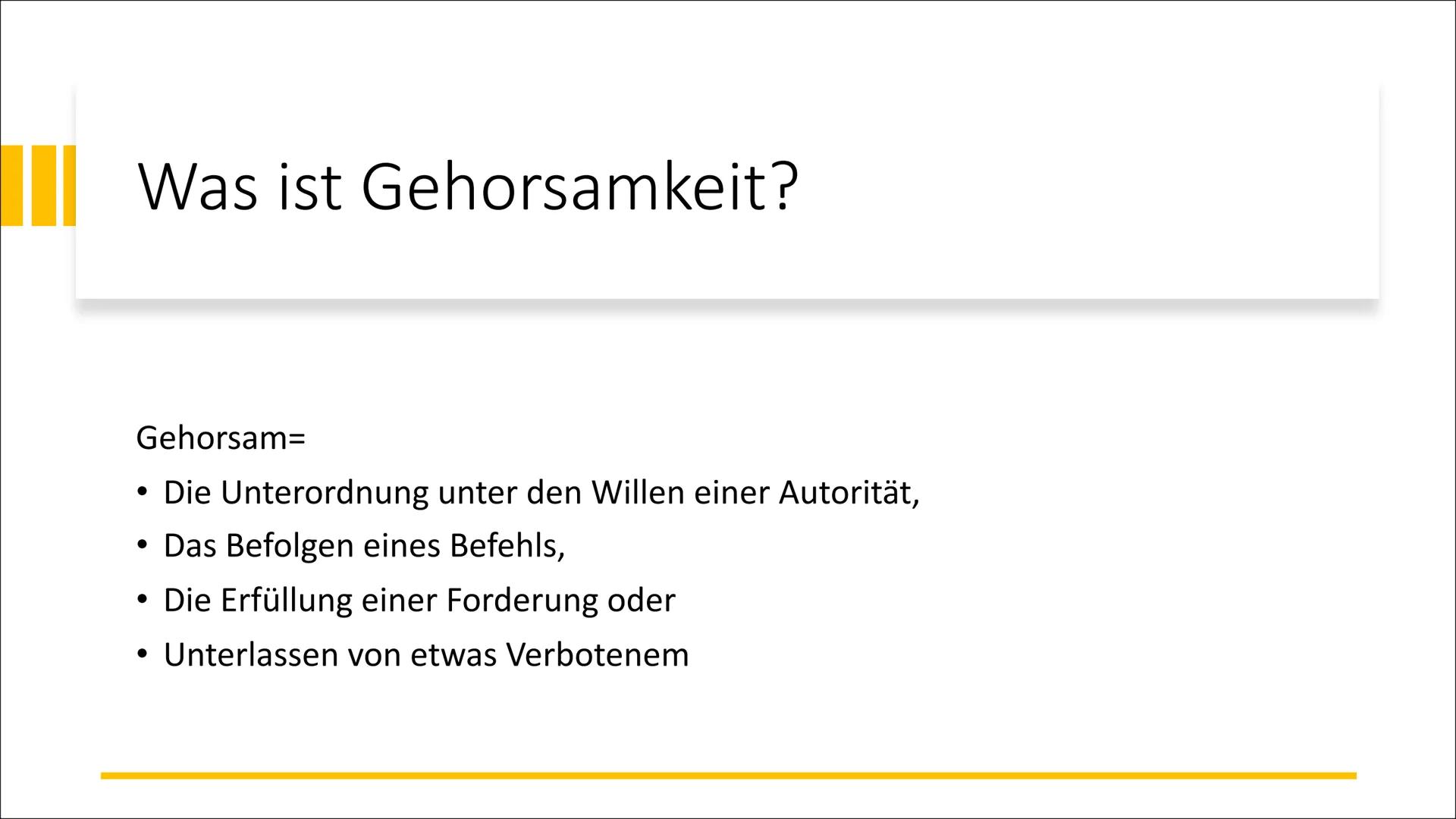 Das Milgram-
Experiment
Von Niloufar H.
ap Gliederung
Definition Gehorsam
Stanley Milgram
1.
2.
3.
4.
5.
Versuchsaufbau
6. Versuchsverlauf
7