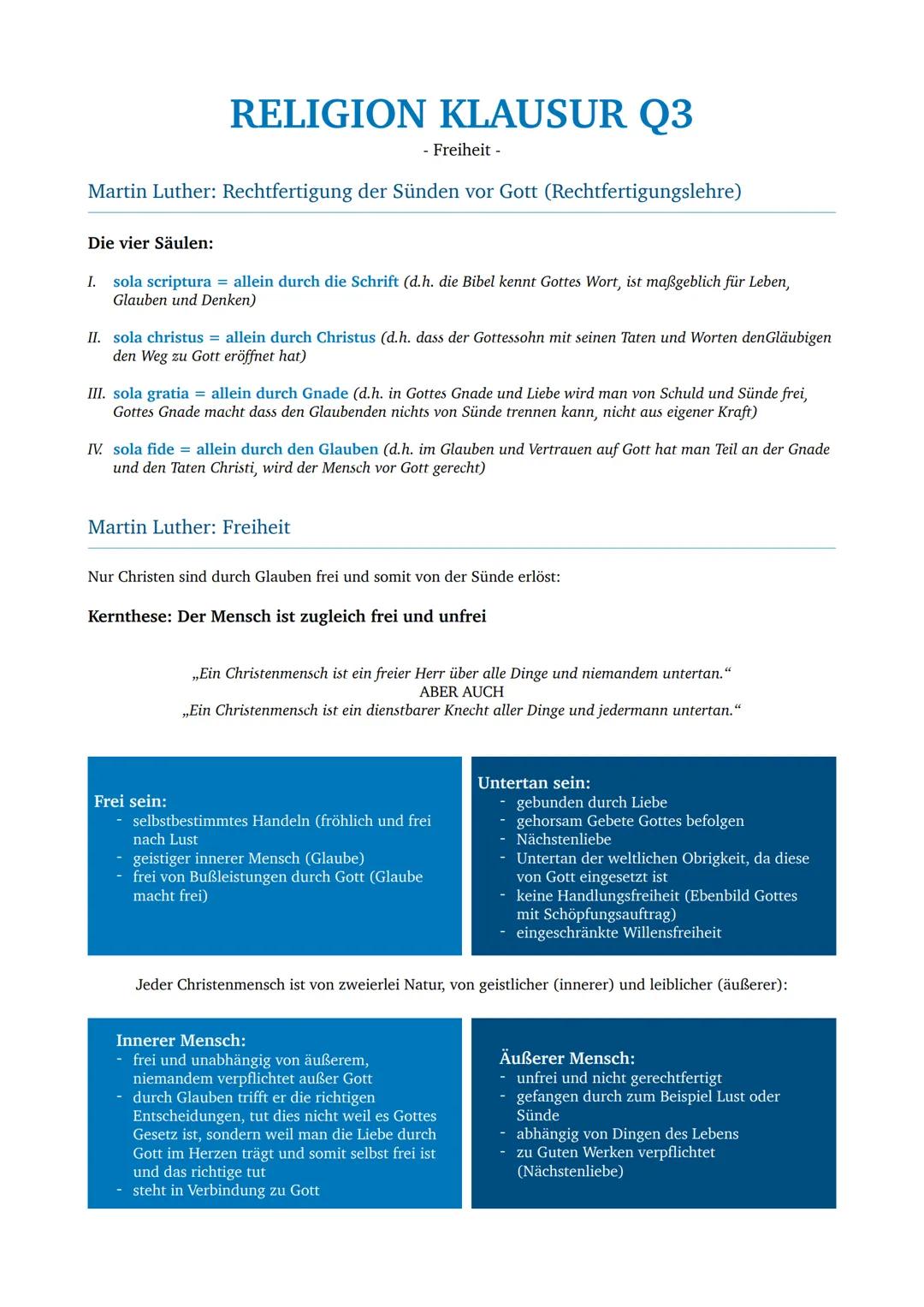 # RELIGION KLAUSUR Q3
- Freiheit -
Martin Luther: Rechtfertigung der Sünden vor Gott (Rechtfertigungslehre)
Die vier Säulen:
1. sola sc
