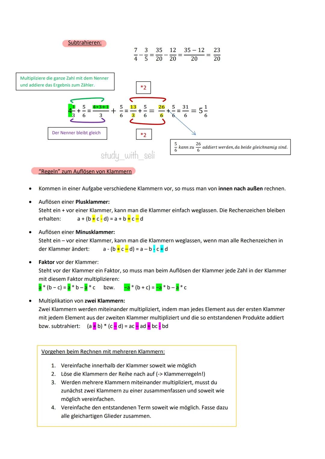Bruchrechnen mit Klammern: Übungen und Lösungen für Klasse 6