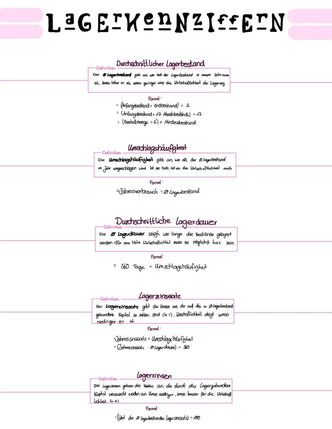 # LAGERKENNZIFFERN
Durchschnittlicher Lagerbestand
-Definition
Der Lagerbestand gibt an, wie hoch der Lagerbestand in einem Zeitraum
ist, U