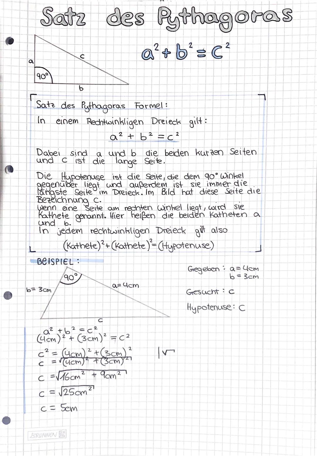 # Satz des Pythagoras
C
$a^2 + b^2 = c^2$
a
१०°
b
L Satz des Pythagoras Formel:
In einem Rechtwinkligen Dreieck gilt:
$a^2 + b^2 = c^2