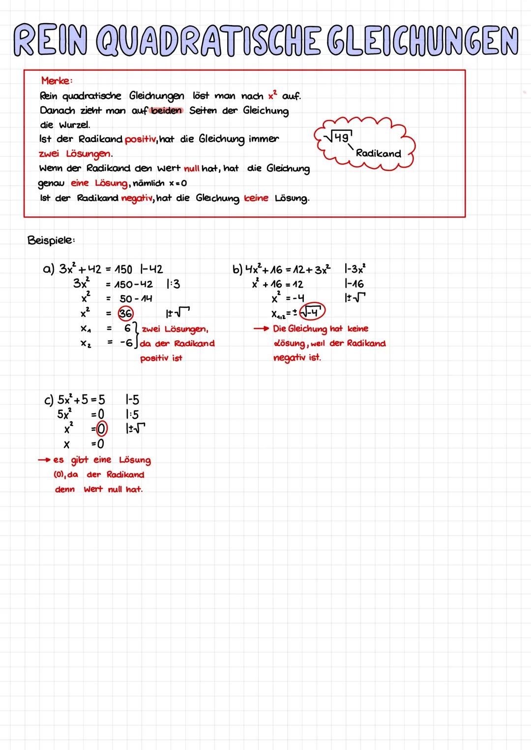 REIN QUADRATISCHE GLEICHUNGEN
Merke:
Rein quadratische Gleichungen löst man nach x² auf.
Danach zieht man auf beiden Seiten der Gleichung
di