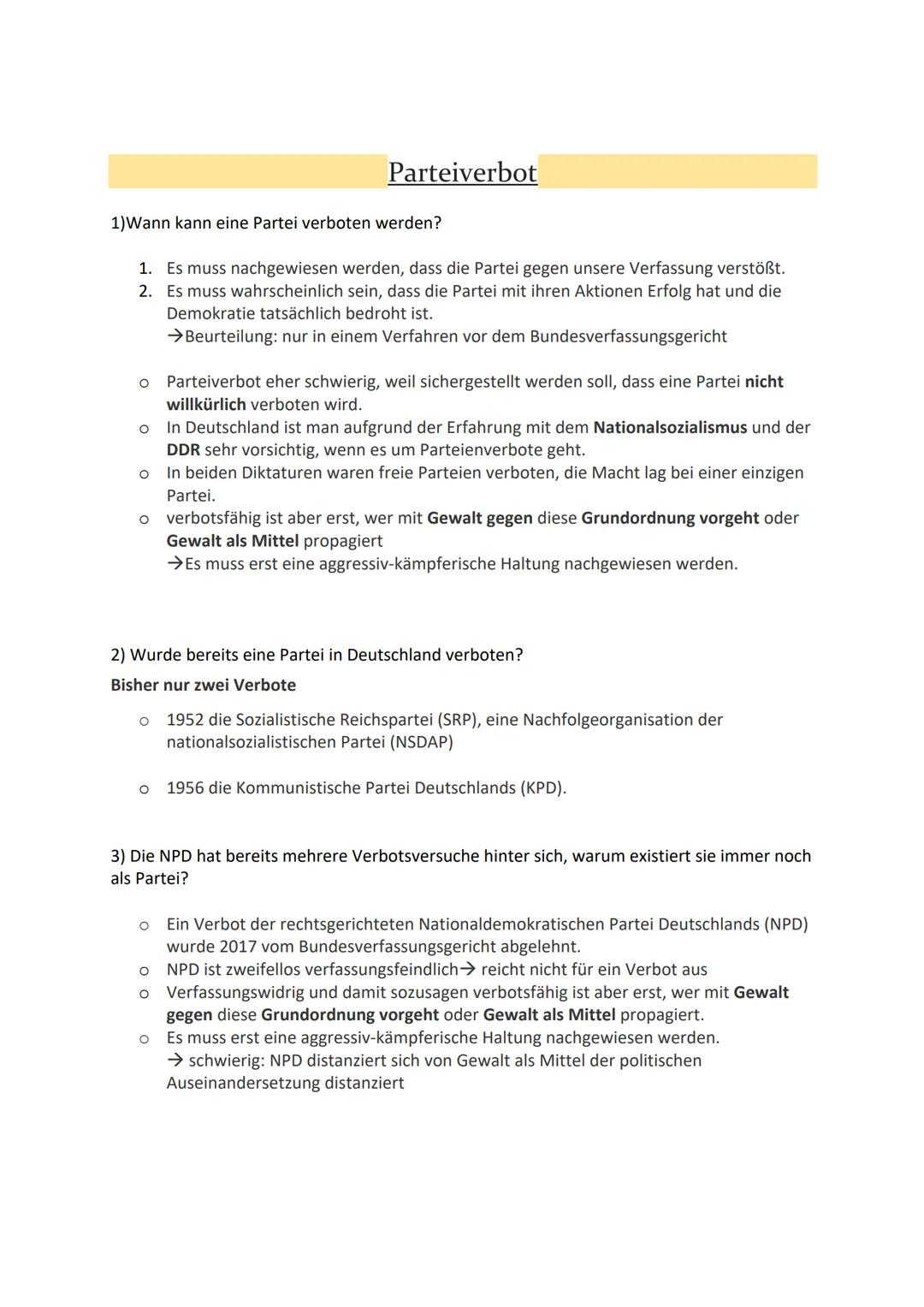 # Parteiverbot
1)Wann kann eine Partei verboten werden?
1. Es muss nachgewiesen werden, dass die Partei gegen unsere Verfassung verstößt.