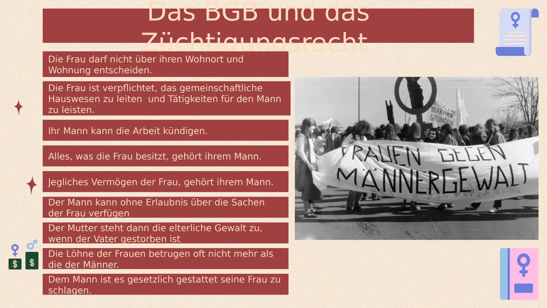 # Die Geschichte
der
# Emanzipation
Entwicklung der
Frauenrechte in
Deutschland # Inhaltsverzeichnis
* Zeitliche Entwicklung
* Das Jah